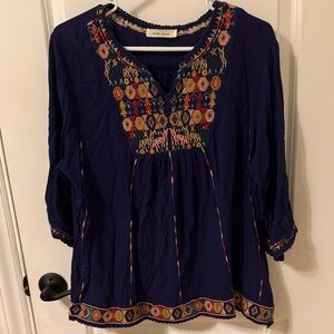 Navy Embroidered V-Neck Tunic Top by